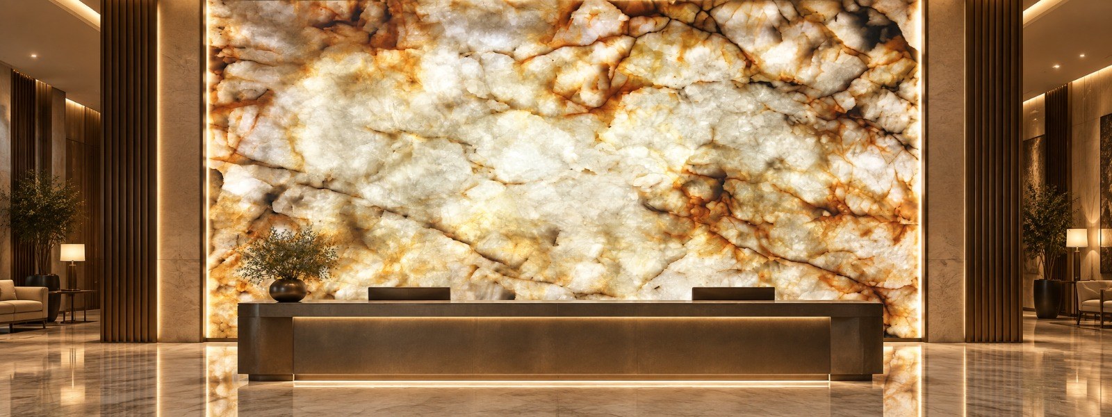 Backlit quartzite reception desk wall