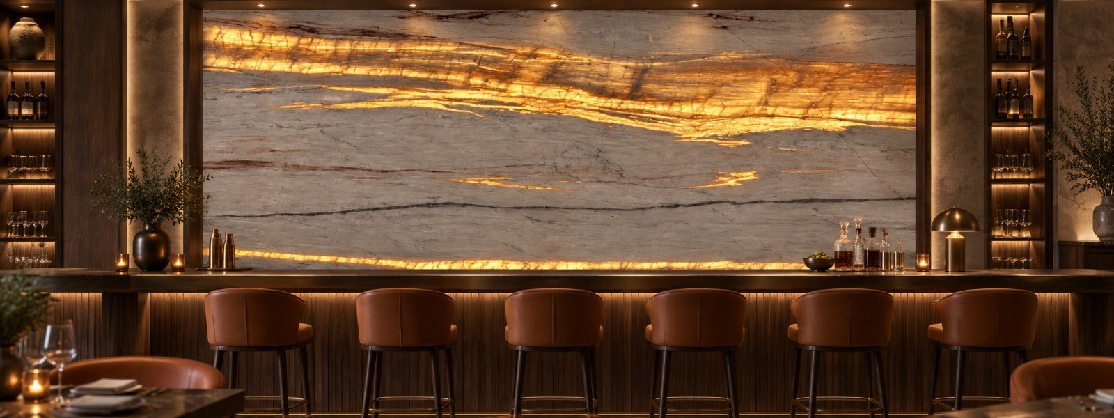 Backlit quartzite bar wall