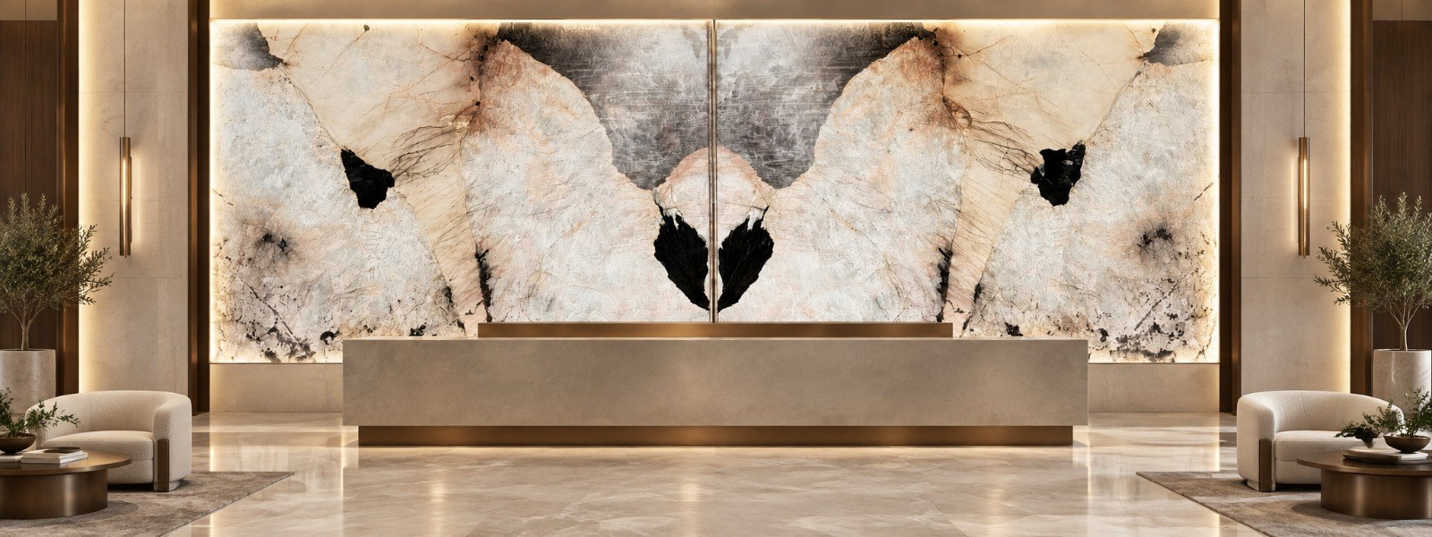 Bookmatched quartzite reception wall