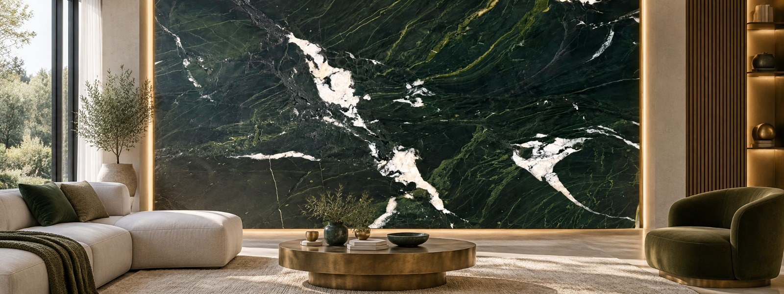 Green quartzite feature wall in a living room