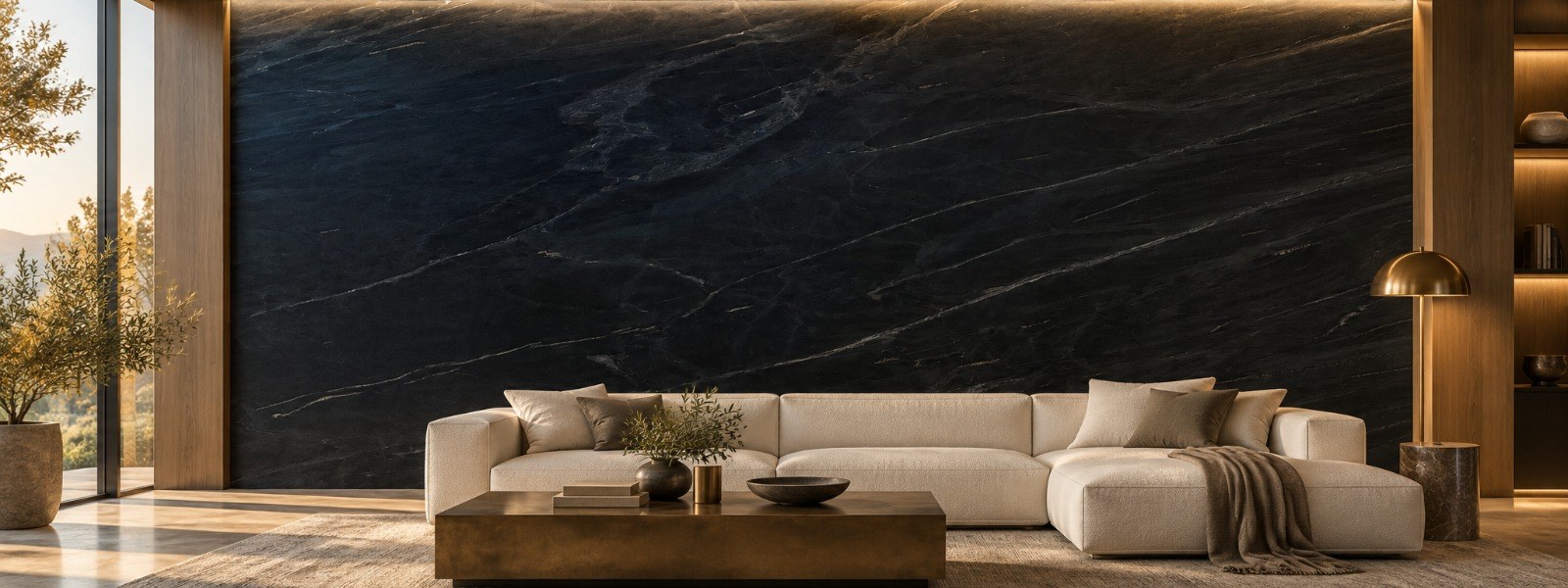 Dark quartzite feature wall in a living room