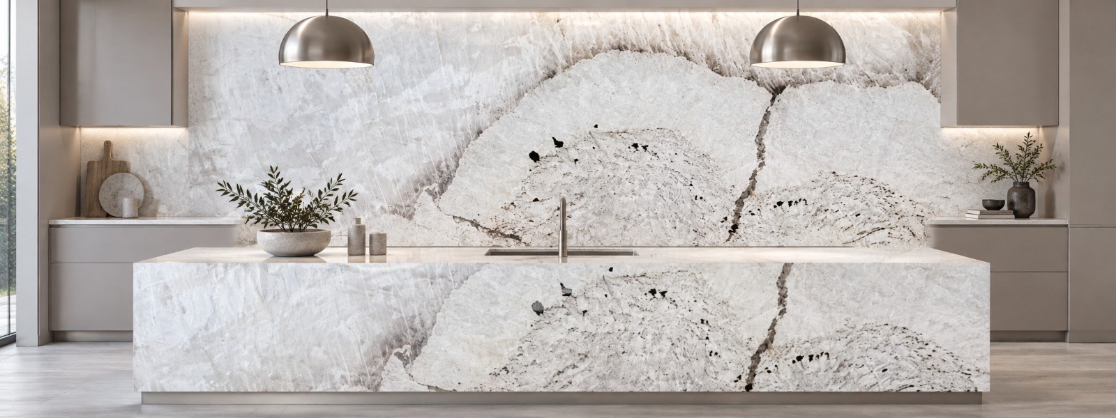 White quartzite kitchen island and splashback