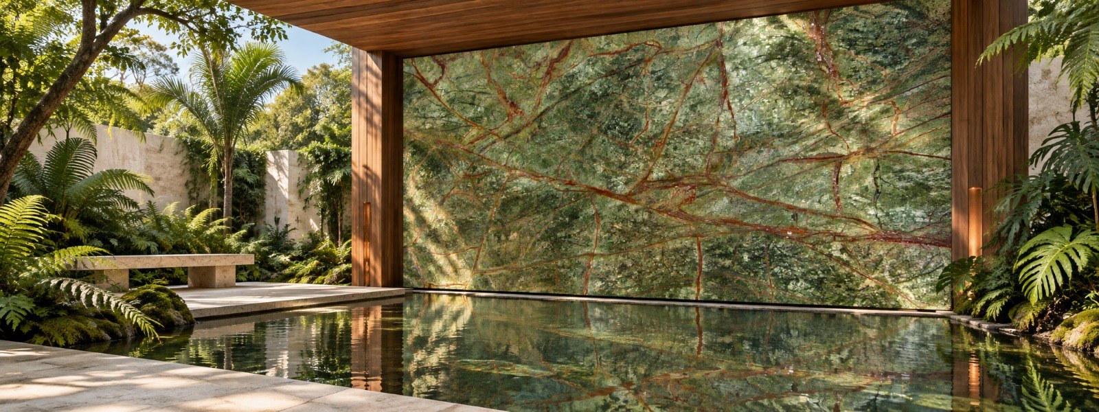 Rainforest Green marble feature wall beside a reflecting pool